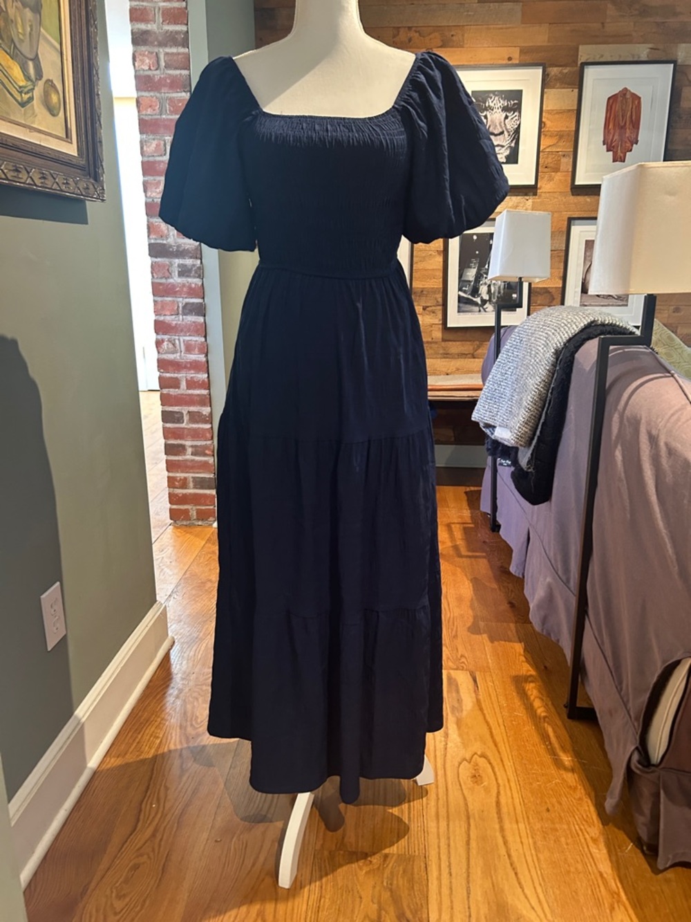 Smocked Square-Neck Maxi Dress with Puff Sleeves - Navy
